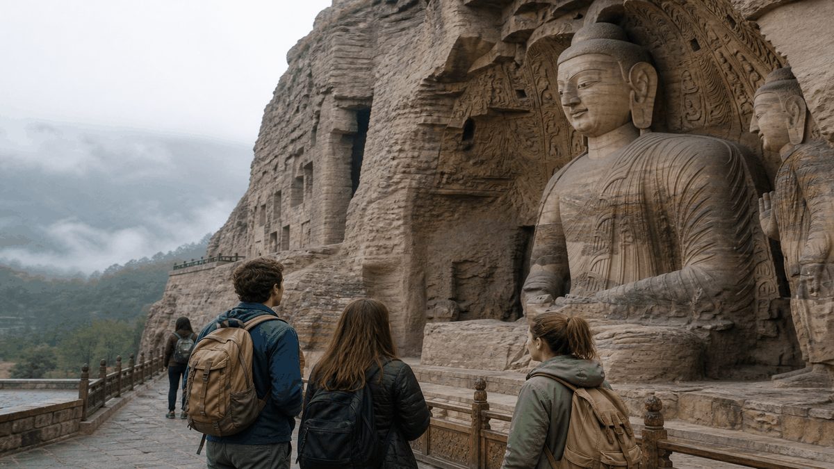 Editorial illustration of Yungang Grottoes near Datong with foreign travelers and Buddhist rock carvings