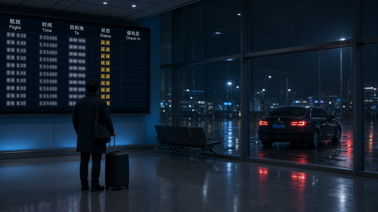 Delayed flight board and waiting passenger with transfer sedan outside airport