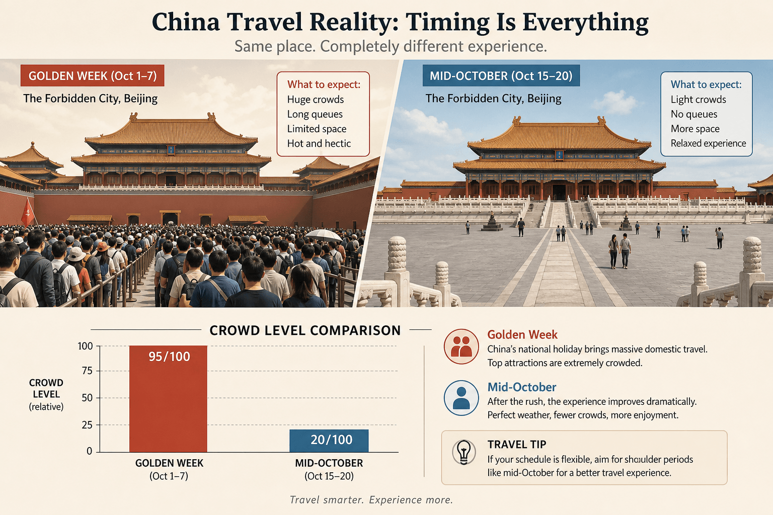 Crowd level comparison at Chinese tourist sites during Golden Week versus mid-October