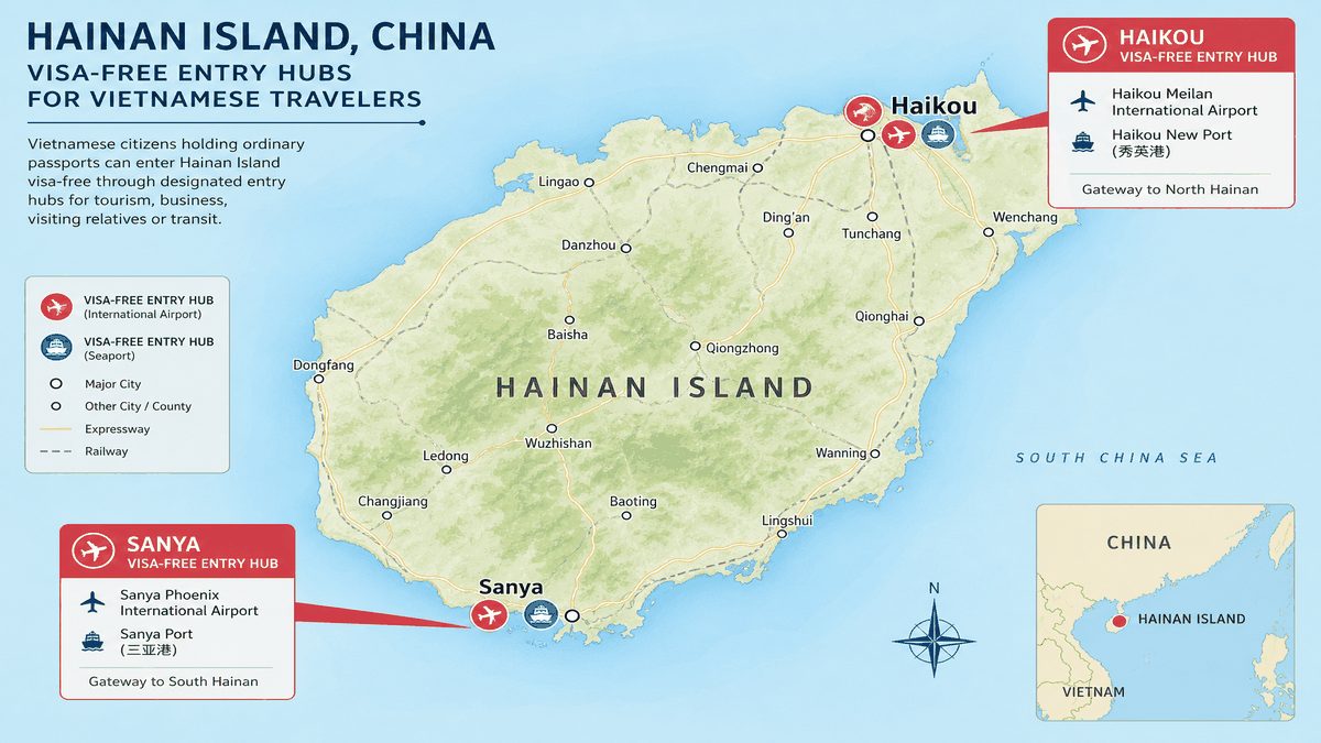 Map of Hainan Island showing Sanya and Haikou as visa-free entry hubs for Vietnamese travelers