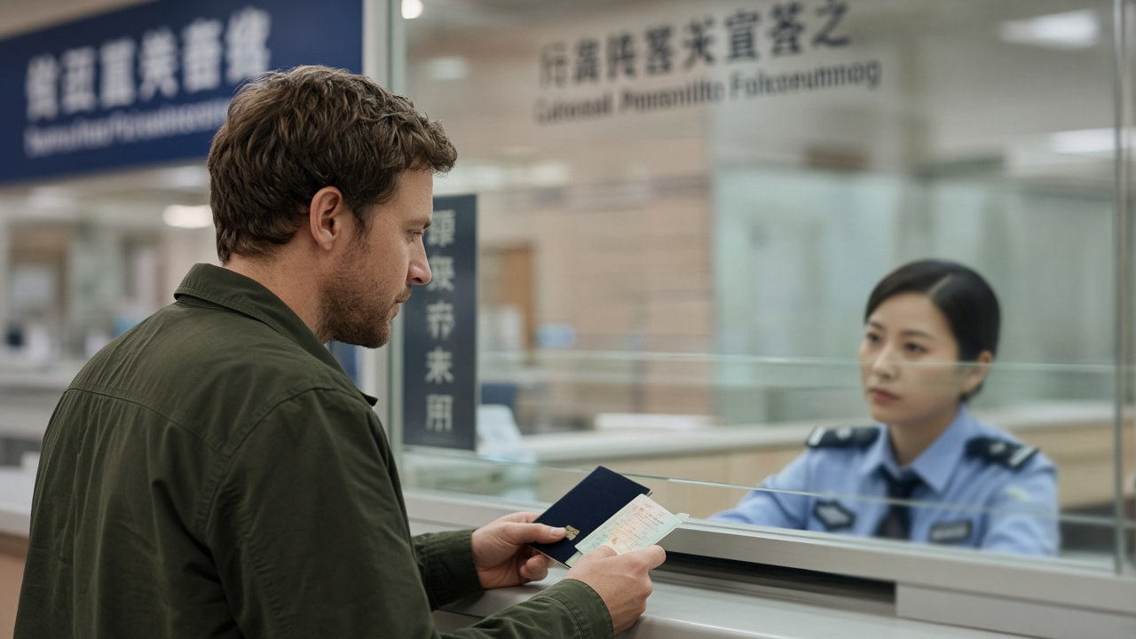 Foreign traveler at traffic-police counter with passport and foreign license