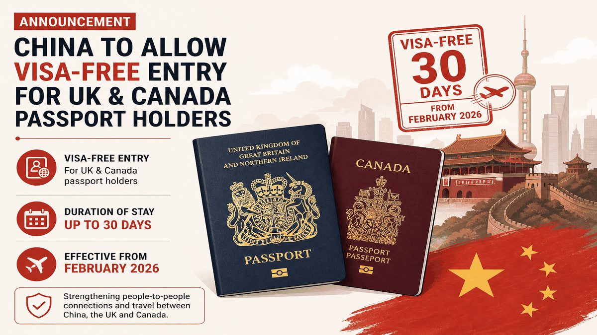 UK and Canada passports added to China 30-day visa-free entry from February 17 2026
