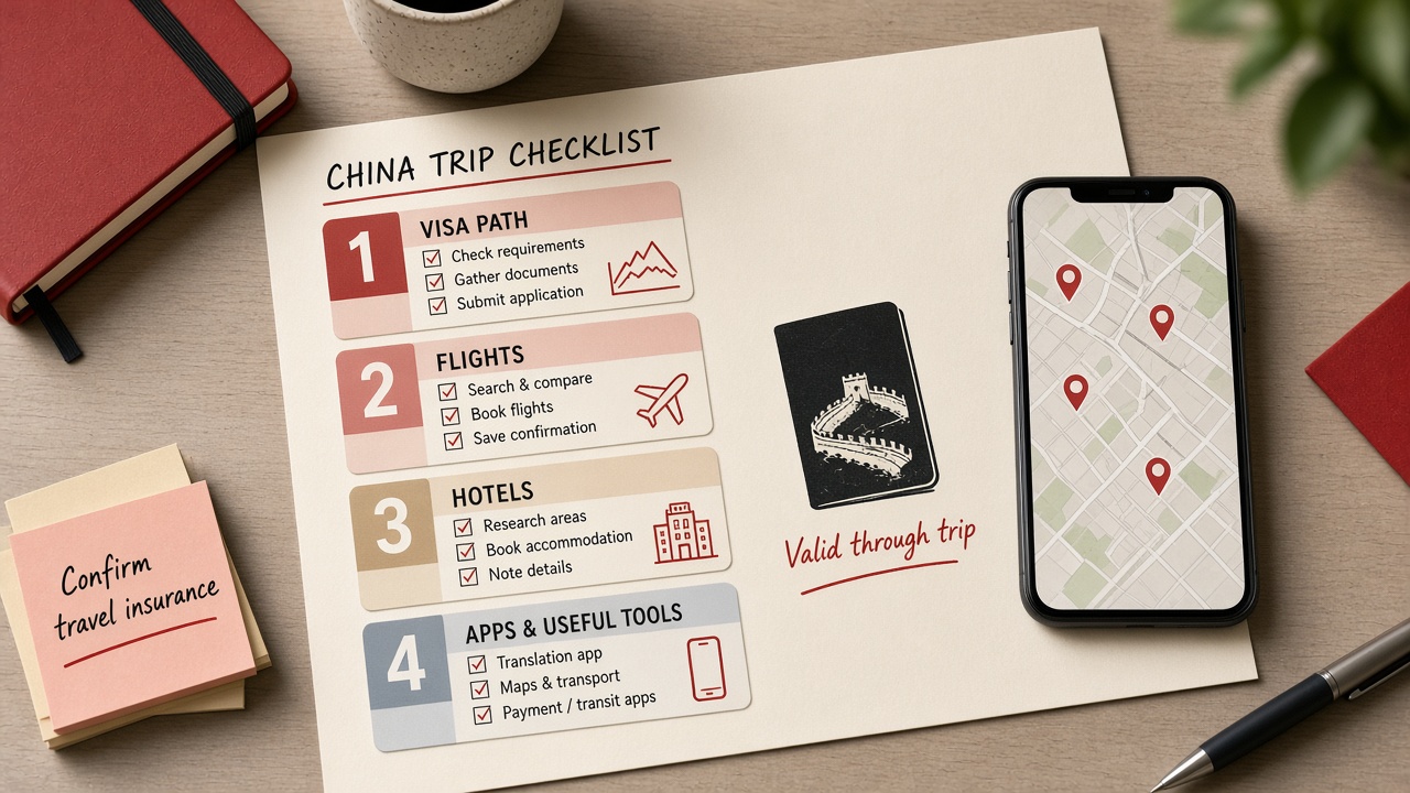 Desk checklist cards for visa path, flights, hotels, and apps before a China trip