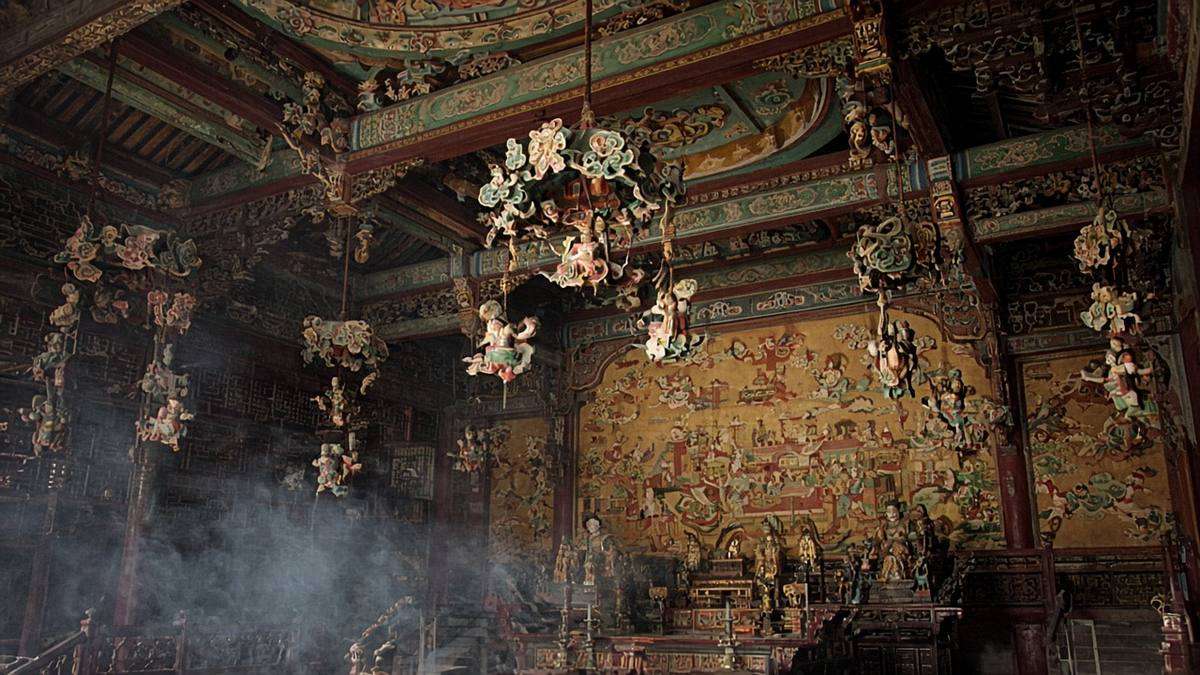 Editorial illustration of ornate hanging Buddhist sculptures hall inspired by Xiaoxitian temple