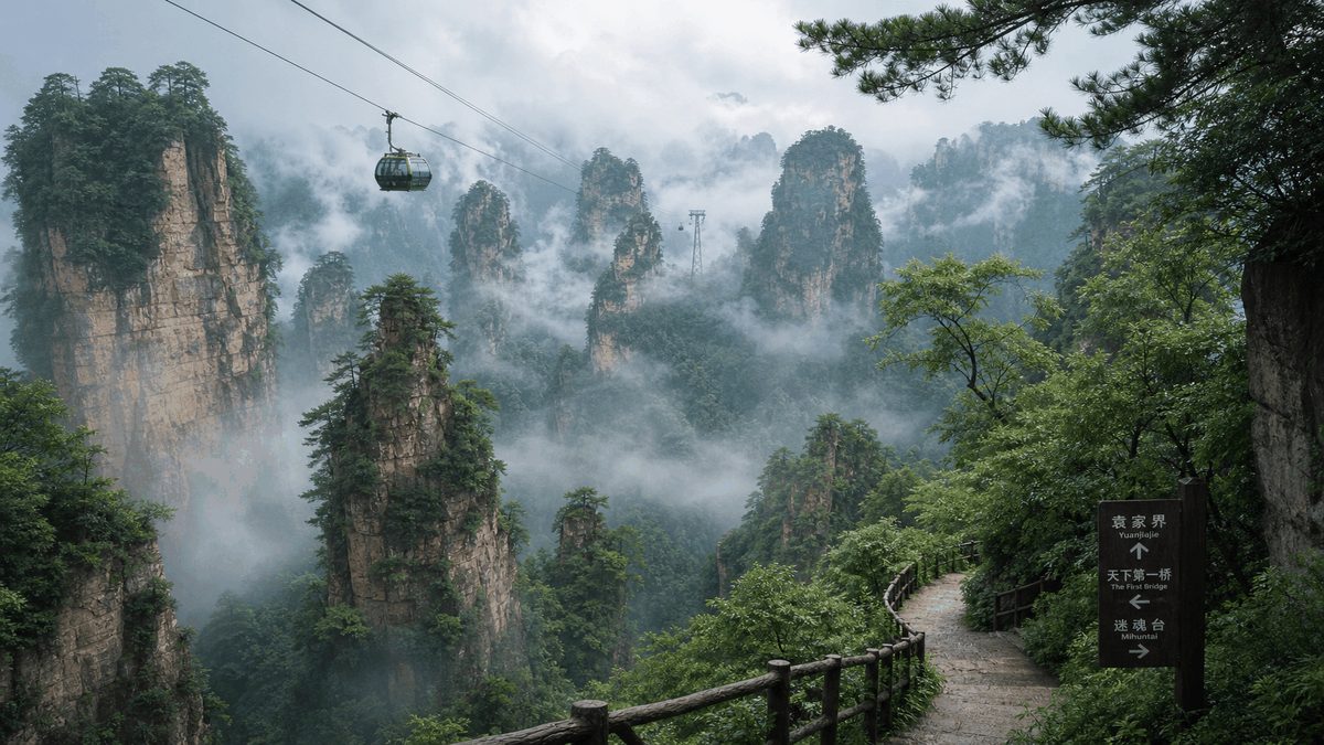 Zhangjiajie sandstone pillars in summer mist with forest trails and cable car