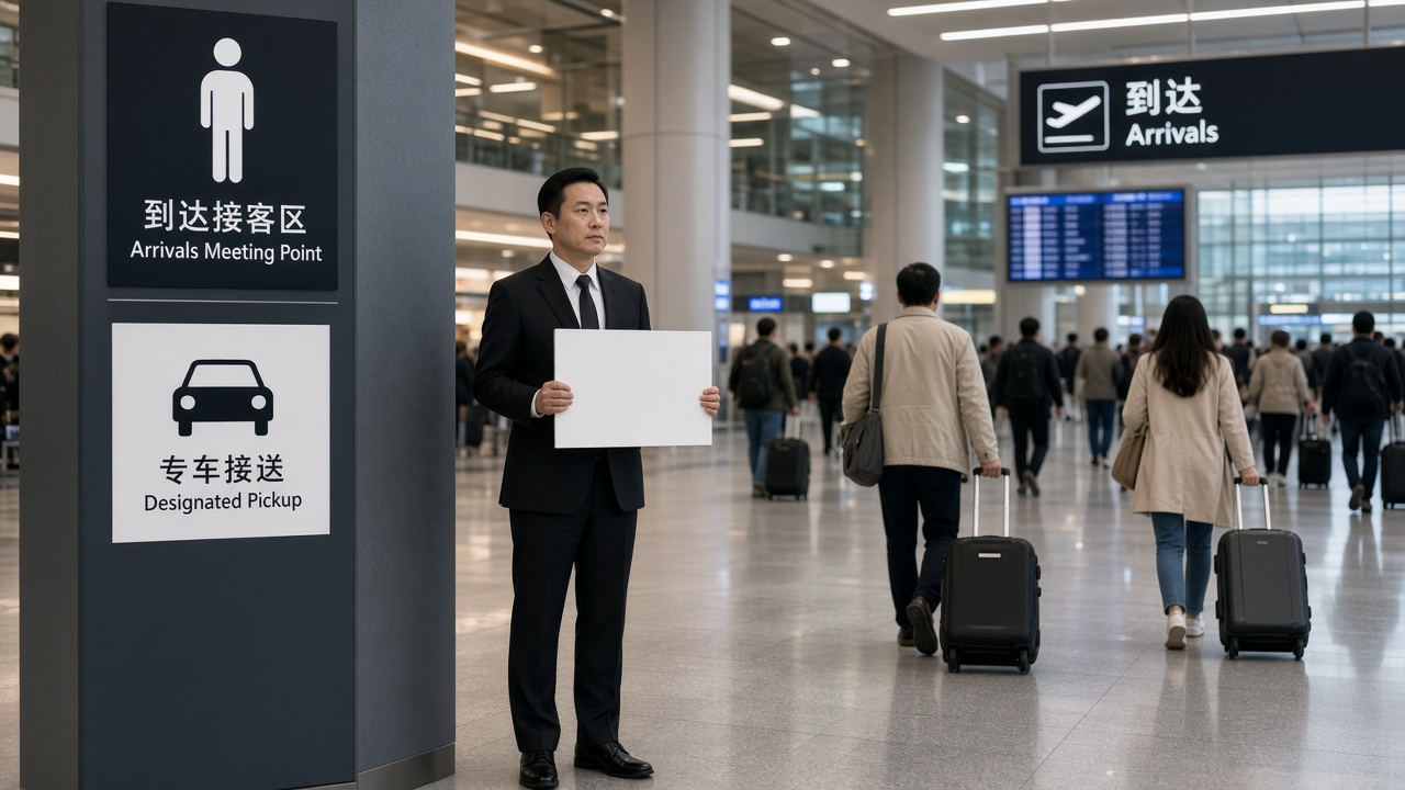 Chauffeur with blank name board at designated arrivals pickup point