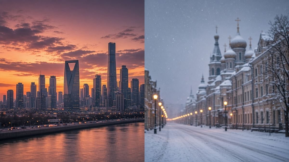 Editorial travel illustration Beijing and Harbin winter cityscape for Russian visitors to China