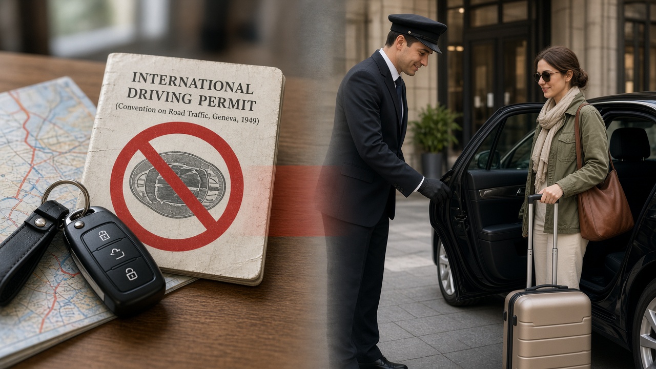 Split scene: self-drive keys with rejected IDP versus chauffeur opening car door for tourist