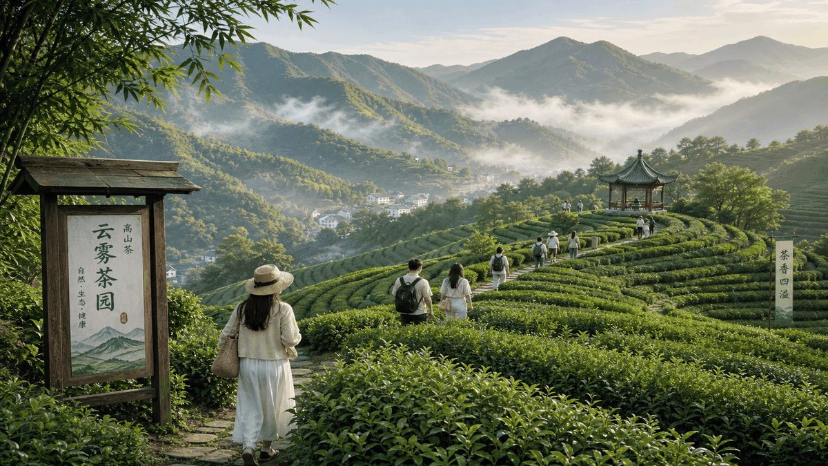 Tea farm terraces in rural China with visitors walking plantation rows