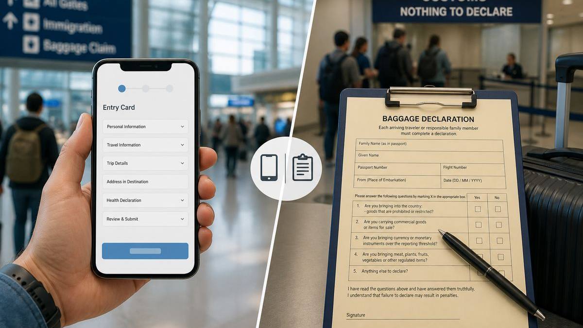 Editorial split illustration comparing digital arrival card phone form and customs baggage declaration clipboard