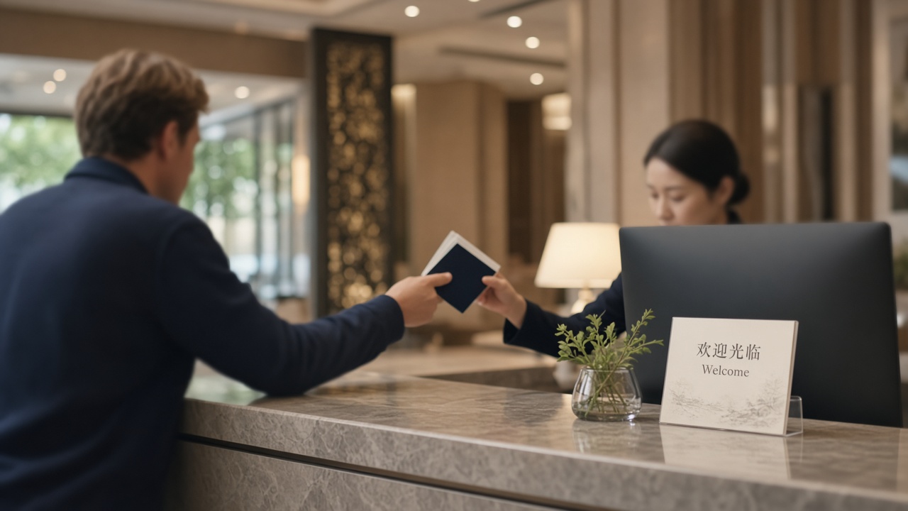 Traveler presenting passport at a modern China hotel front desk