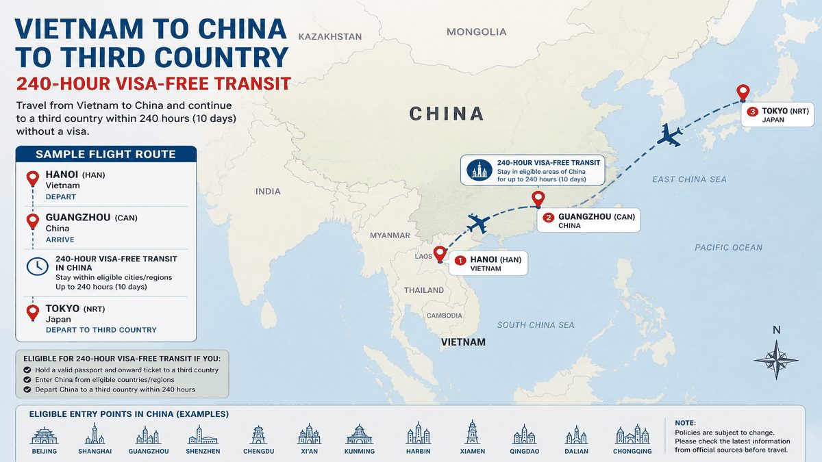 Sample Vietnam to China to third country flight route for 240-hour visa-free transit