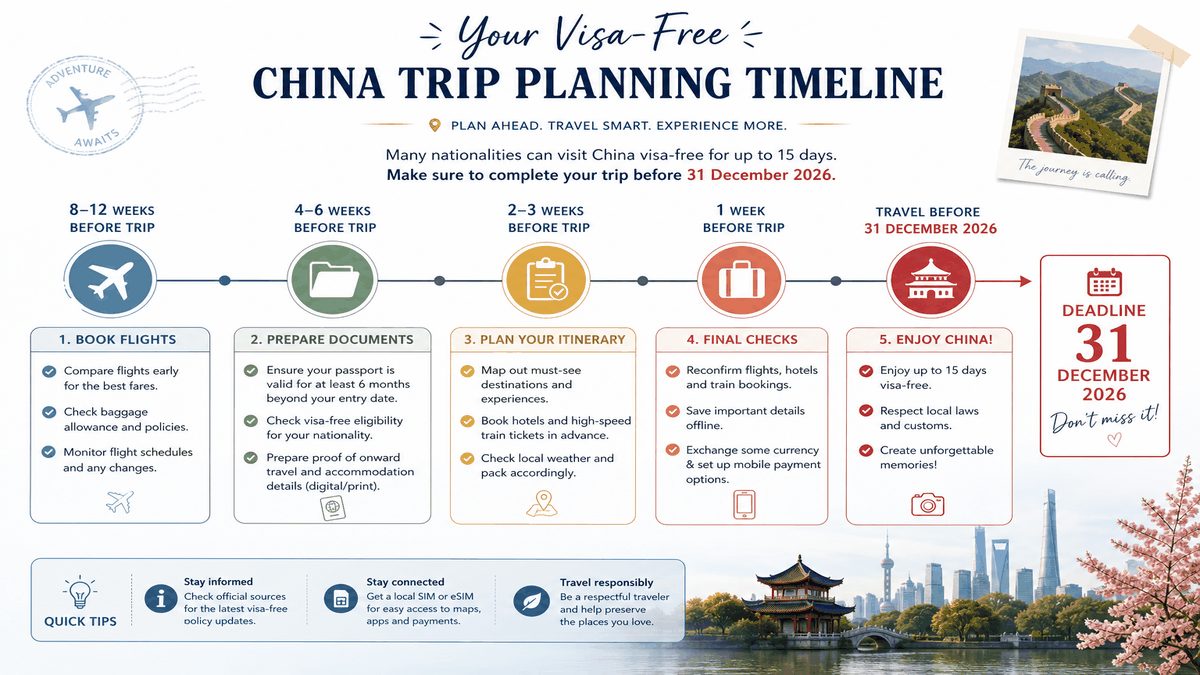 Visa-free China trip planning timeline from booking flights to December 2026 policy deadline