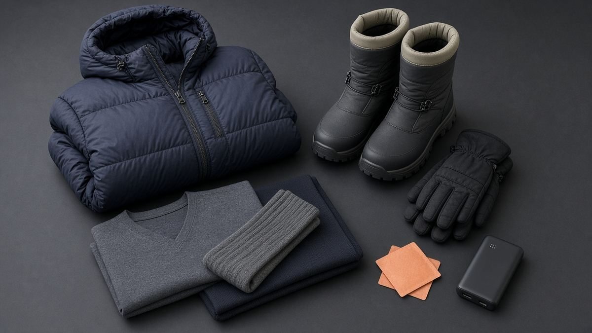 Winter layering flat-lay for Harbin ice festival travel