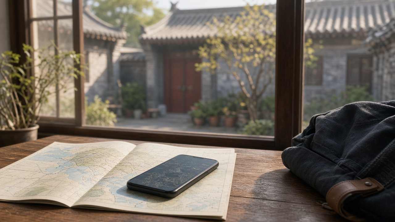 Illustration: map and phone by a Chinese courtyard window