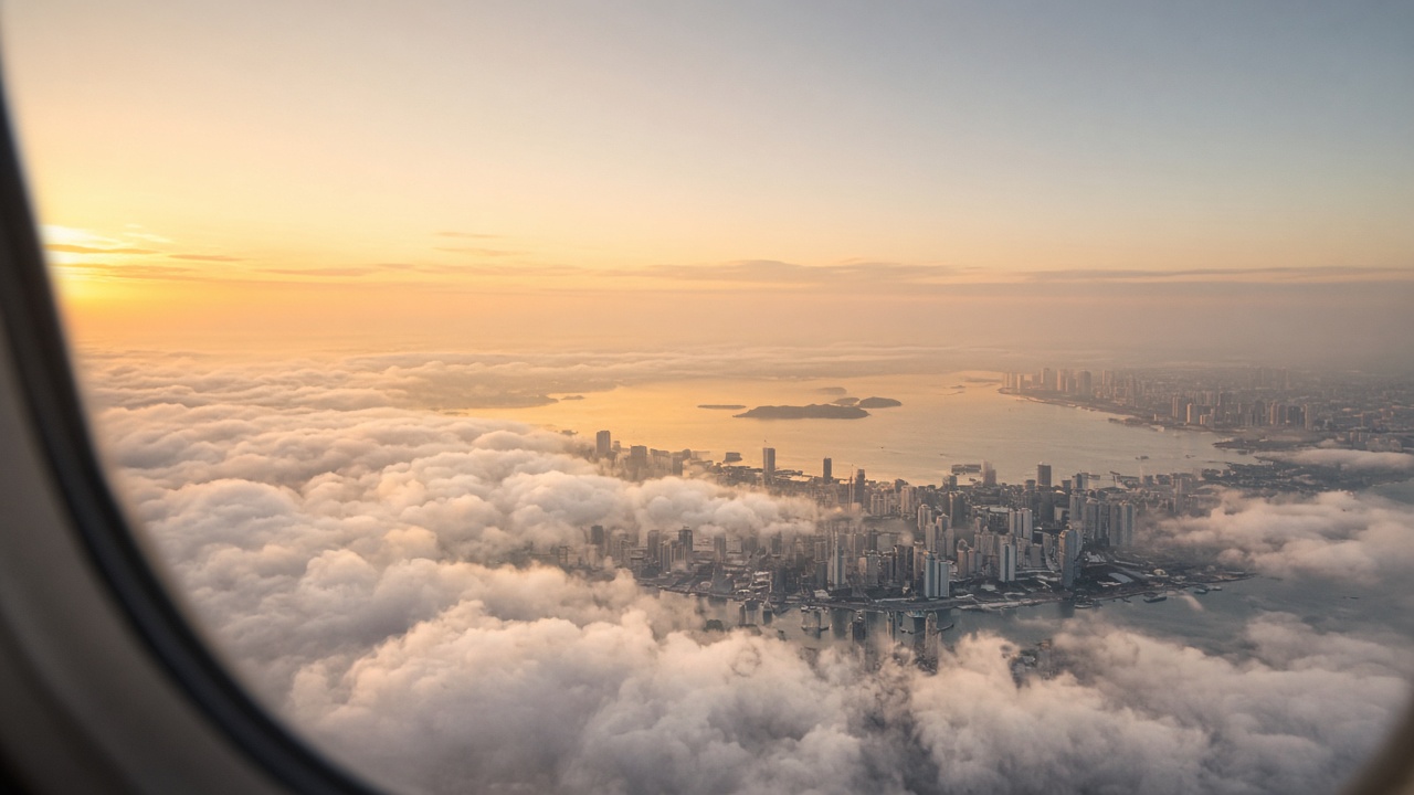 Illustration: airplane window sunrise toward a Chinese coastal city