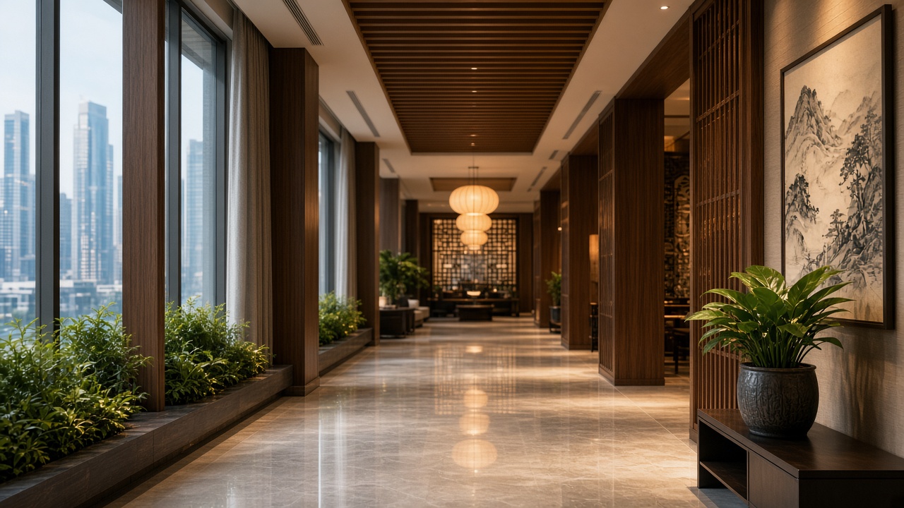Illustration: warm hotel lobby corridor in a Chinese city