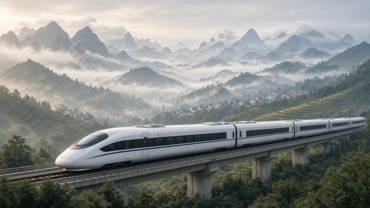 Illustration: high-speed train through misty Chinese countryside