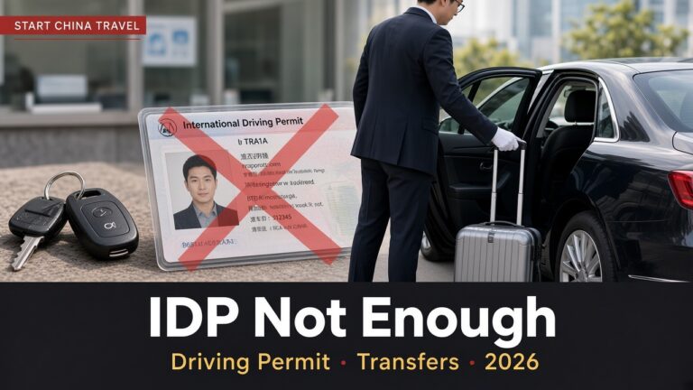 Editorial illustration: crossed-out International Driving Permit icon, Chinese temporary permit motif, and chauffeur transfer car
