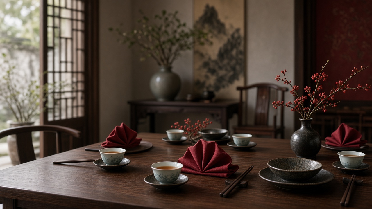 Illustration: banquet table with tea and chopsticks