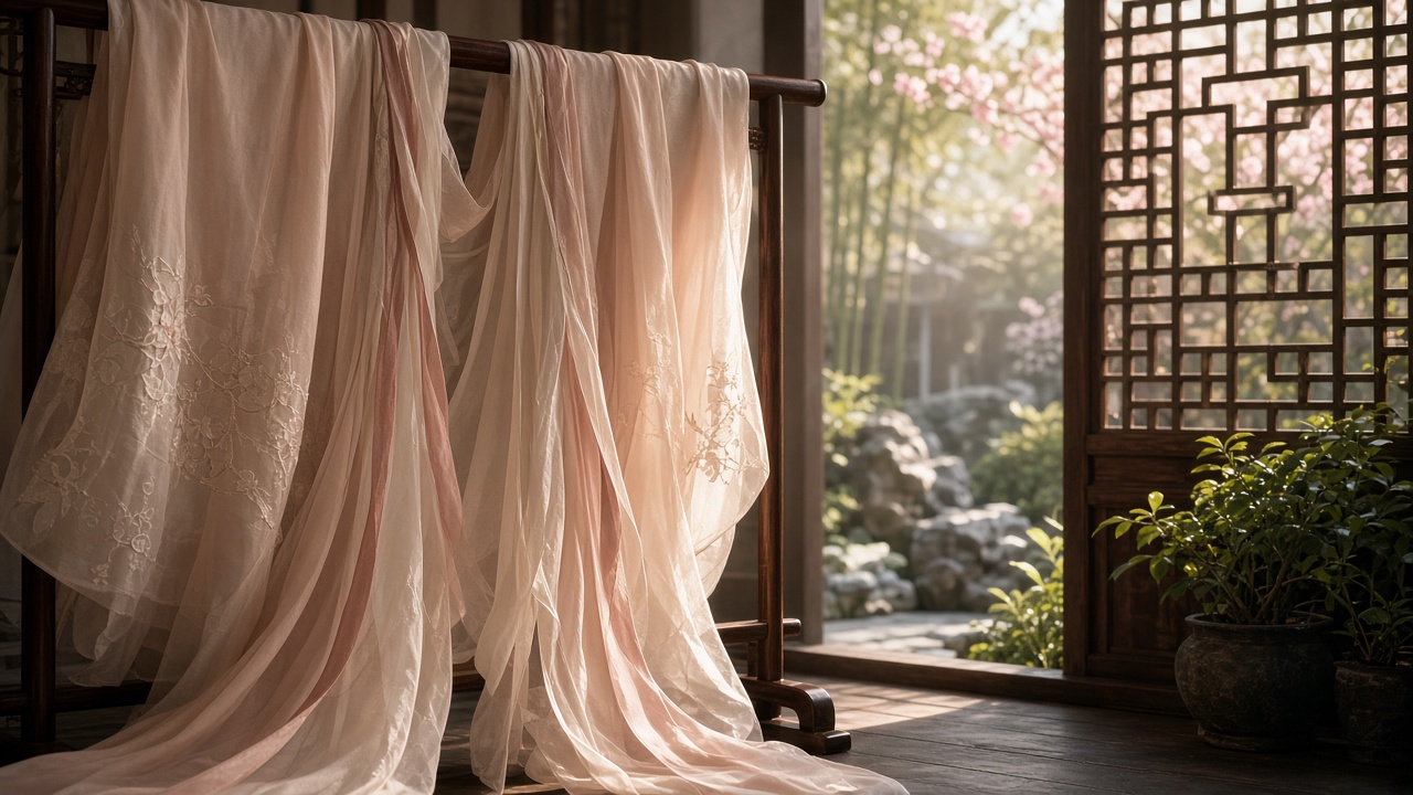 Illustration: hanfu silk fabric in soft garden light