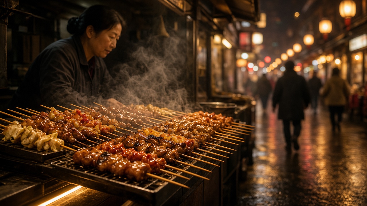 Illustration: night market food stall with warm lights