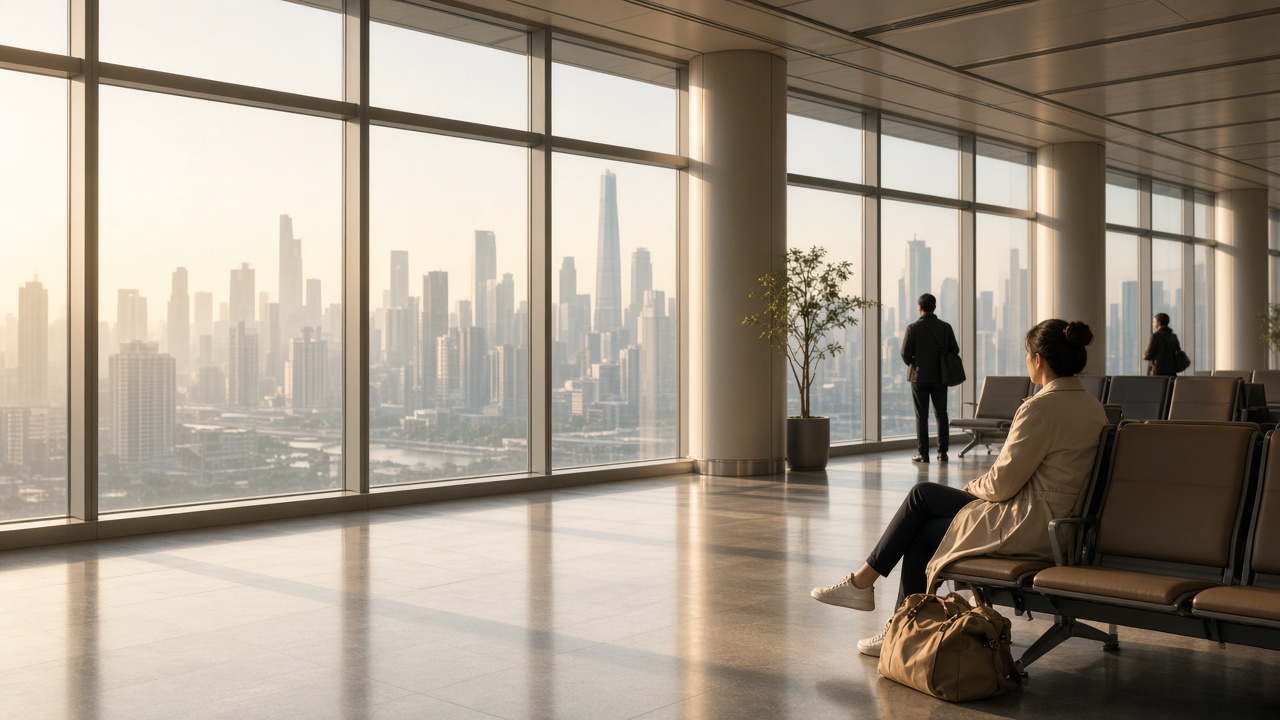 Illustration: airport terminal overlooking a Chinese city skyline
