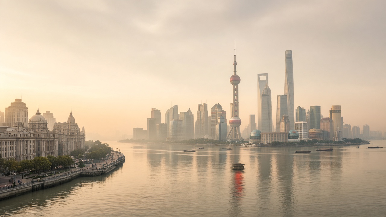 Illustration: Shanghai Bund waterfront at soft morning light