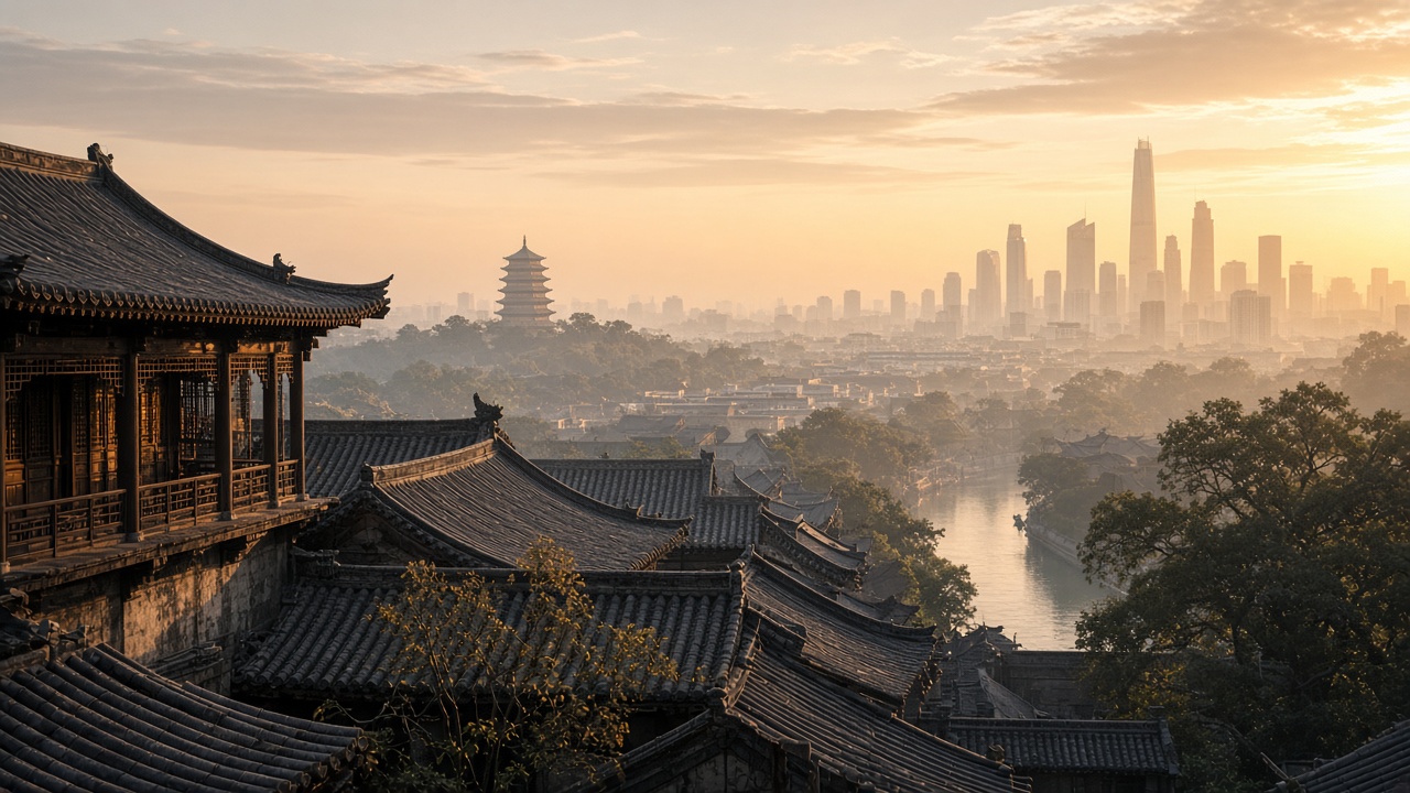 Illustration: hutong roofs and tower silhouette at golden hour
