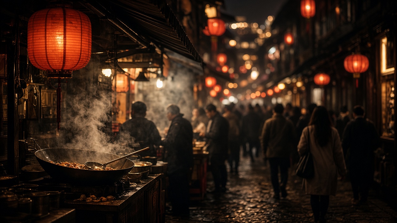 Illustration: warm night street food alley in China