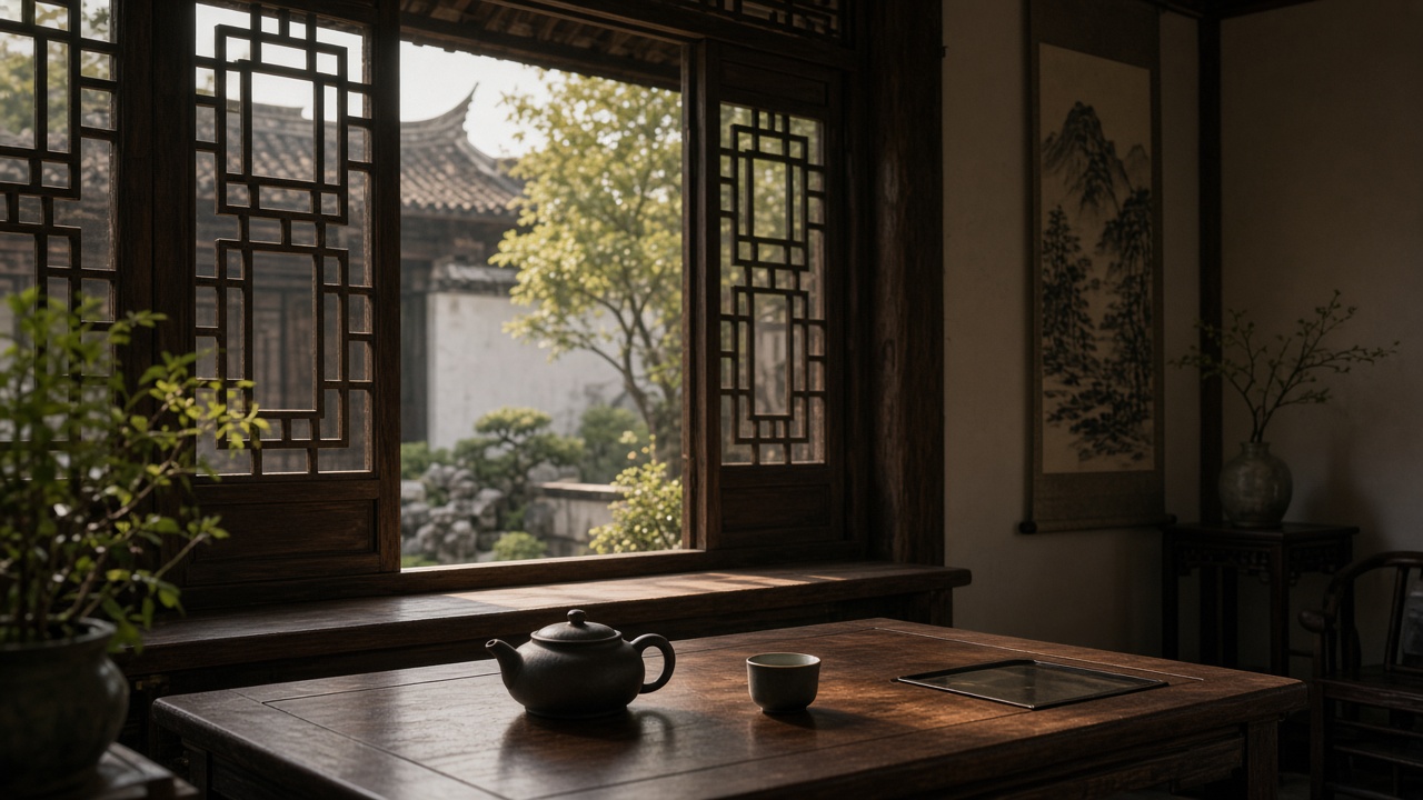 Illustration: traditional Chinese teahouse interior with soft light