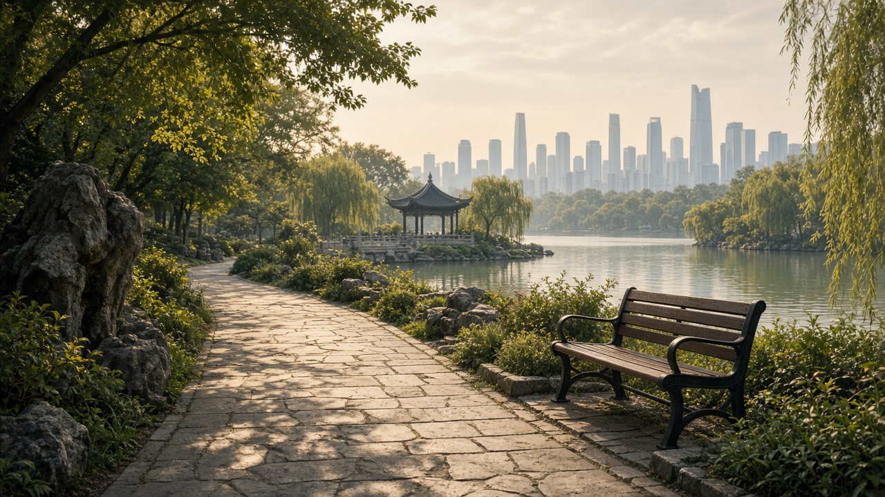 Illustration: Chinese park path with soft city skyline
