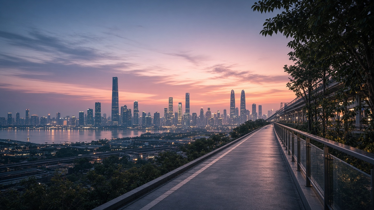 Illustration: Chinese megacity dusk from an elevated walkway