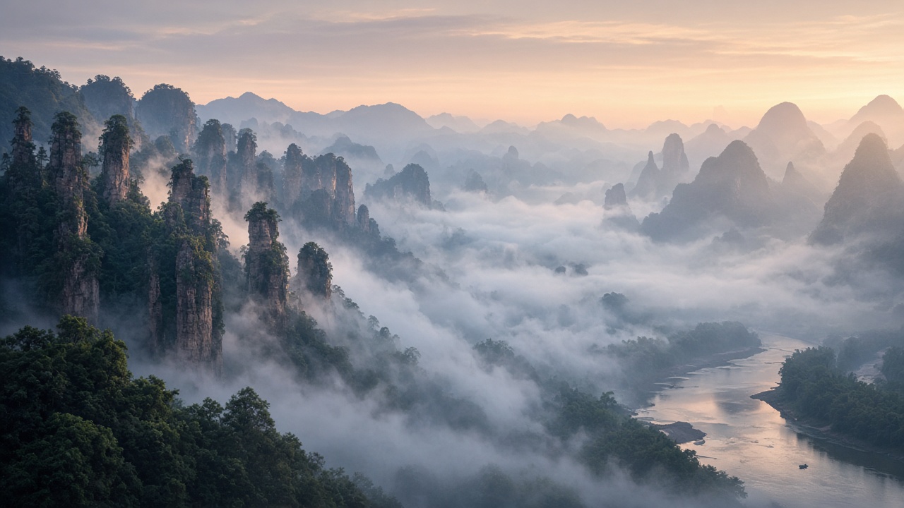 Illustration: misty sandstone pillars and karst mountains