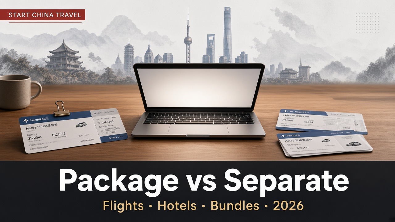 Editorial illustration: airplane ticket and hotel keycard side by side for China flight-plus-hotel booking decision