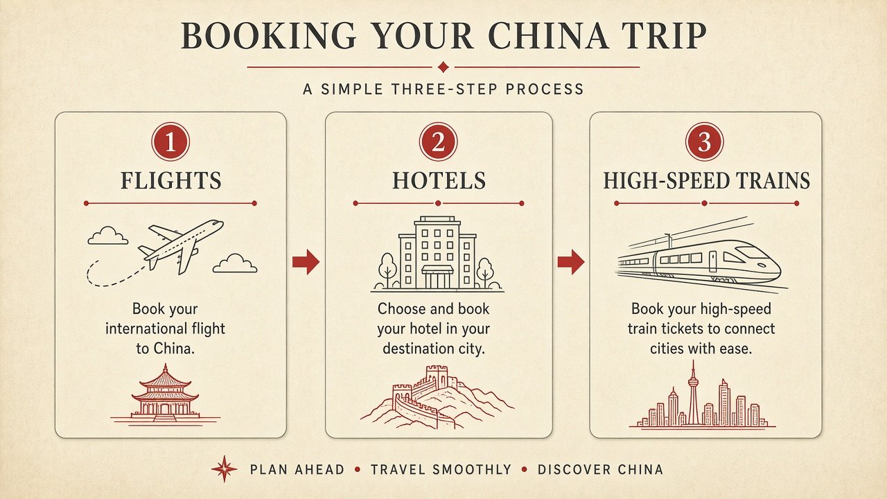 Illustration: Book process: flights, hotels, trains in English