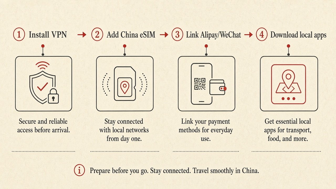 Illustration: Survive process: VPN, eSIM, payments, apps