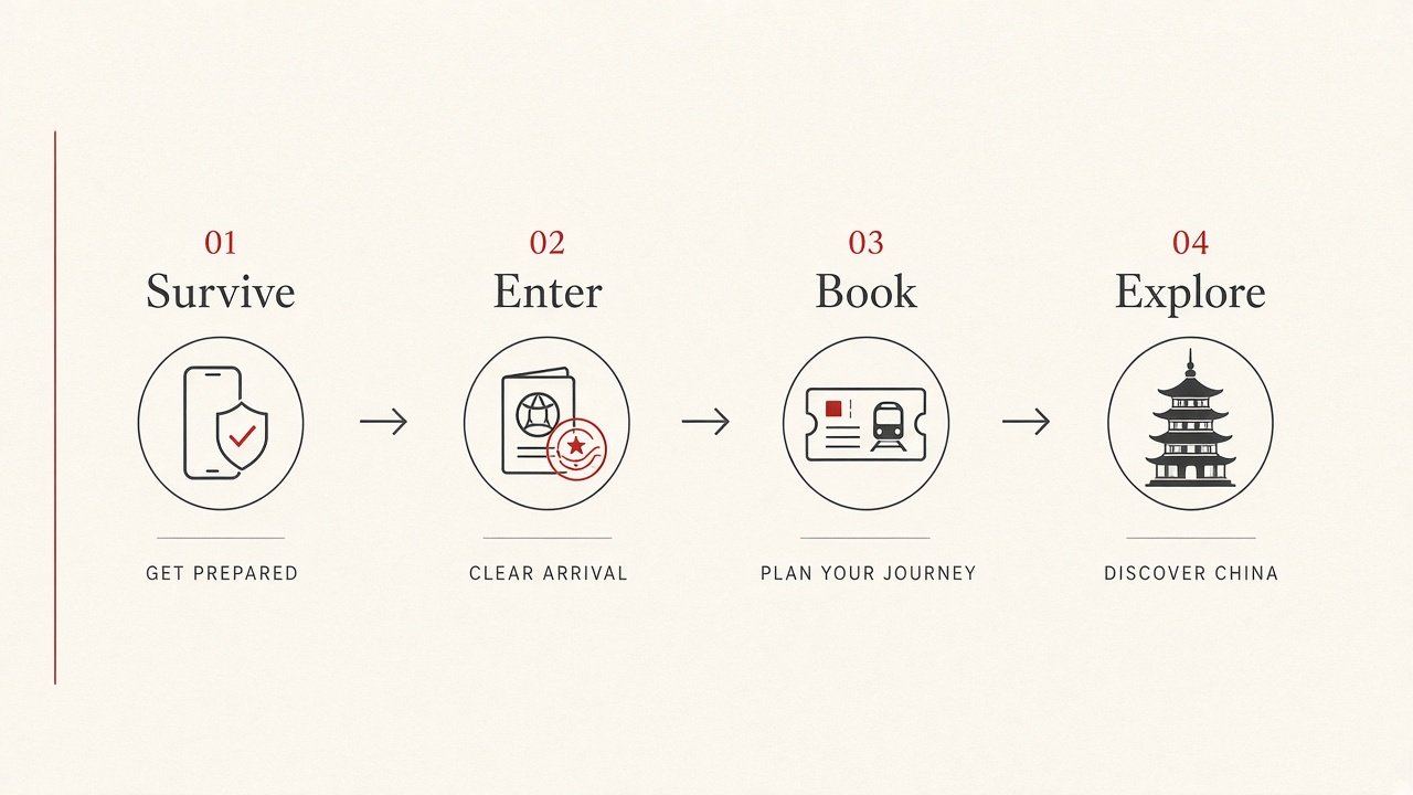 Illustration: four-step China trip funnel Survive Enter Book Explore