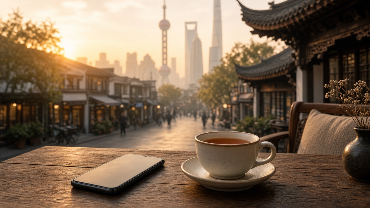 Illustration: China cafe street with tea and phone