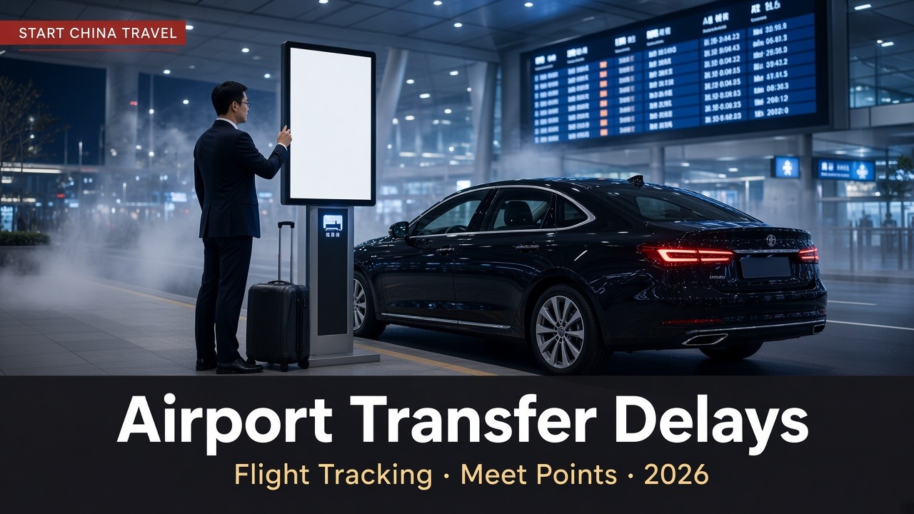 Editorial illustration: China airport arrivals hall, name-sign driver meet, and delayed flight board motifs