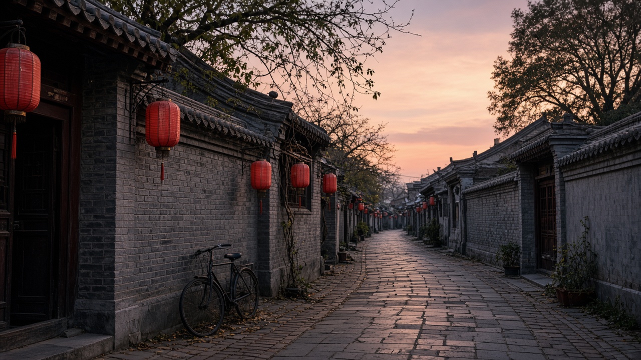 Illustration: quiet Beijing hutong alley at dusk